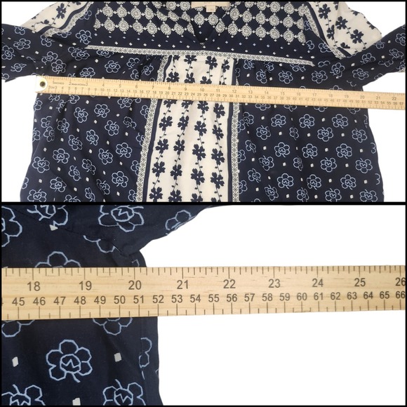 LOFT Shirt Medium Blue White Boho Poet Bell Sleeve Floral Peasant Blouse - Picture 9 of 10